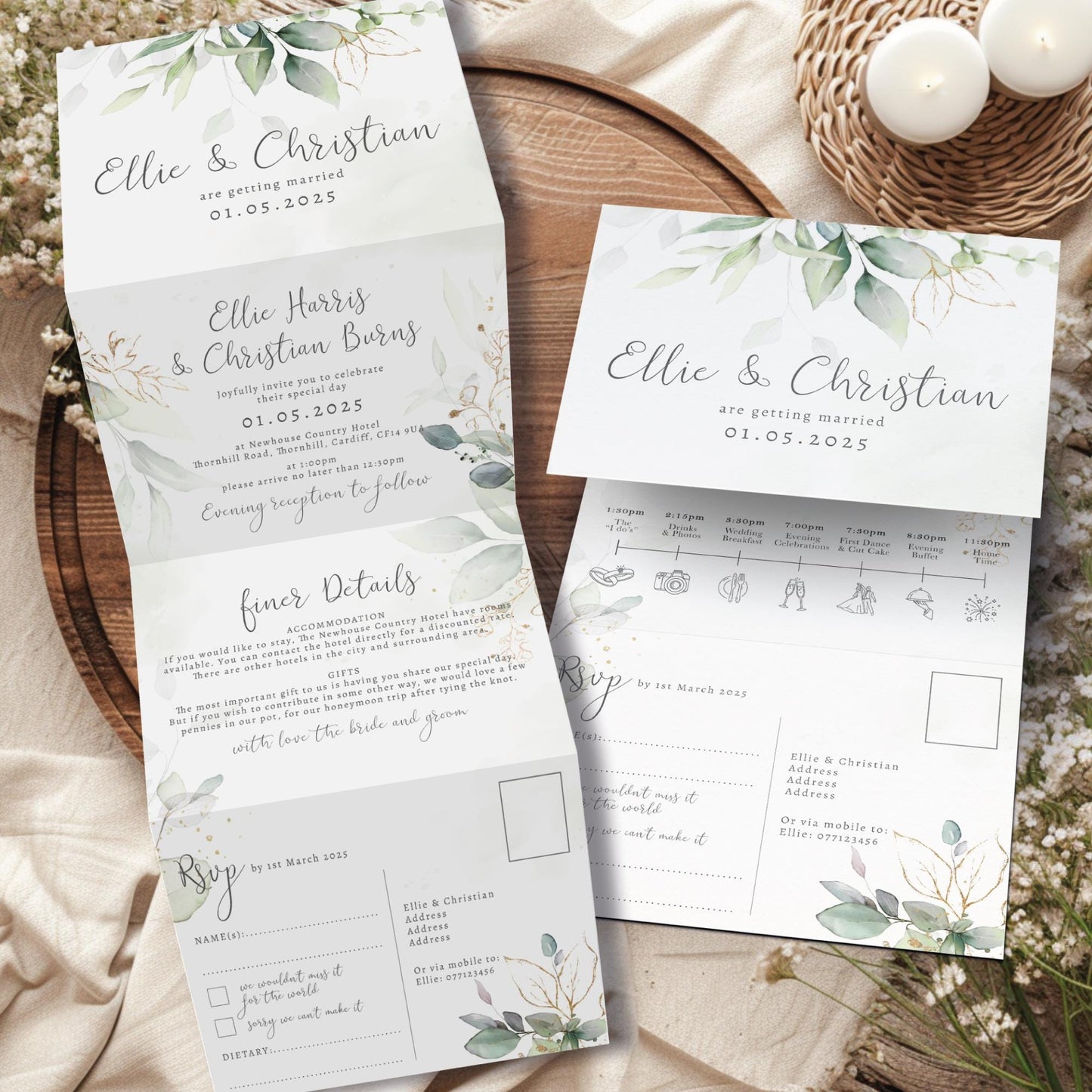 Eucalyptus Wedding Invitations, Gold Leaf Wedding Invitation, with Timeline and RSVP