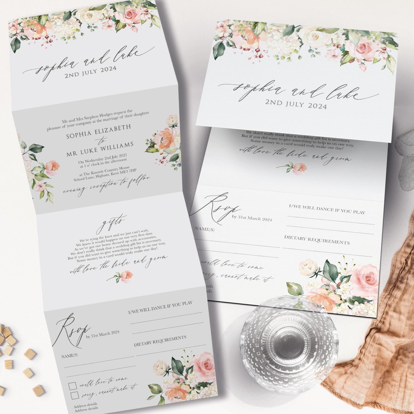 Peach Wedding Invitation, Floral Wedding Invitations, Blush Wedding Invite With Flowers