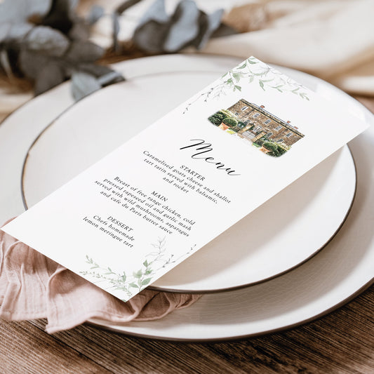 Venue Painting Wedding Menu, Venue Sketch Wedding Menus