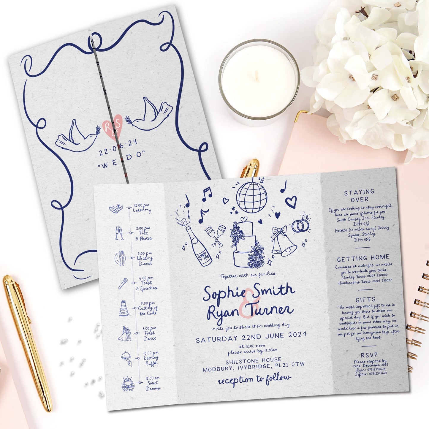 Blue Hand Drawn Wedding Invitations, Fun Doodle Wedding Invitation, Scribble Wedding Invites, Unique and Modern Gatefold