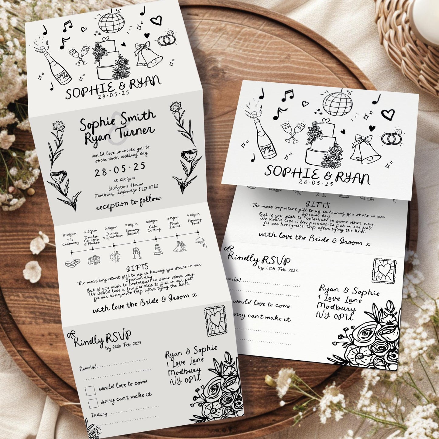 Unique Hand Drawn Wedding Invitations, Doodle Wedding Invites, Scribble Wedding Tri Fold Invitation, With RSVP