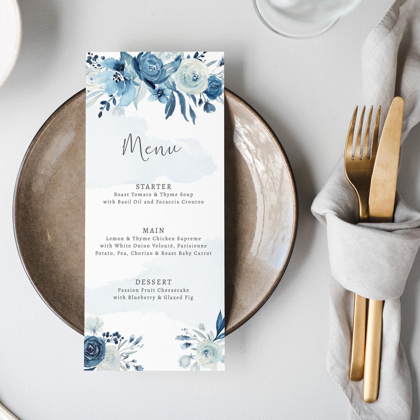 Moonlight Blue Wedding Menu, Navy Floral Wedding Menus