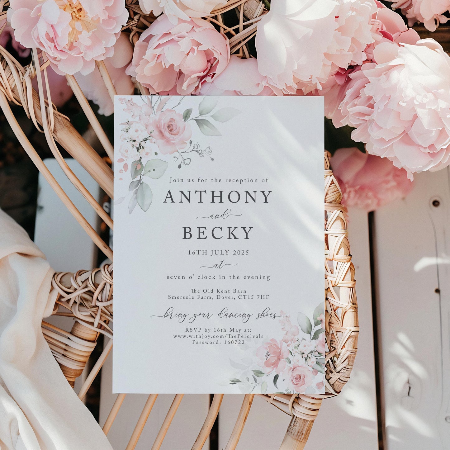 Pale Blush Pink Wedding Invitation, Rose Floral Wedding Reception Invitations