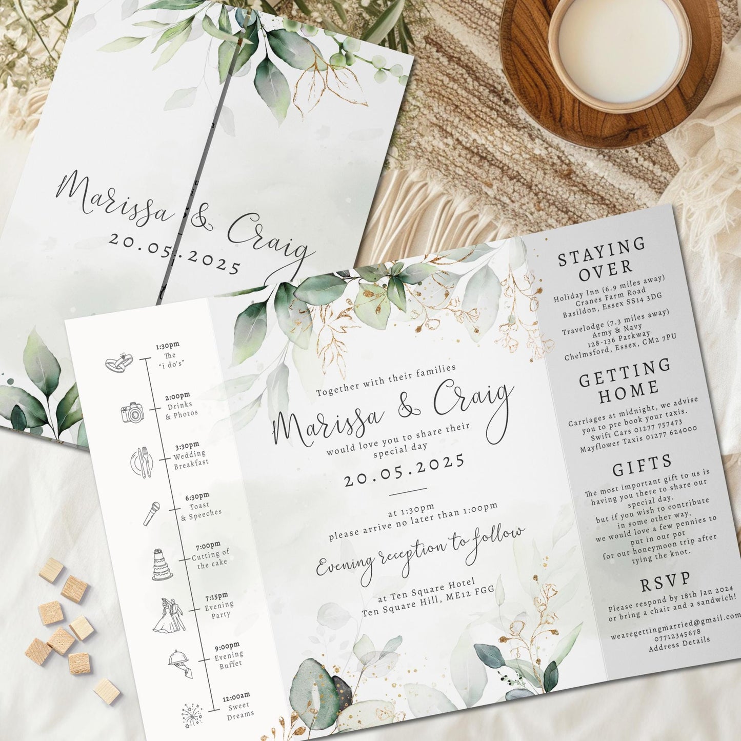 Gold Leaf Wedding Invitation, Eucalyptus Wedding Invitations, Foliage Folded Wedding Invite, Timeline Wedding Invites, Greenery, Watercolor