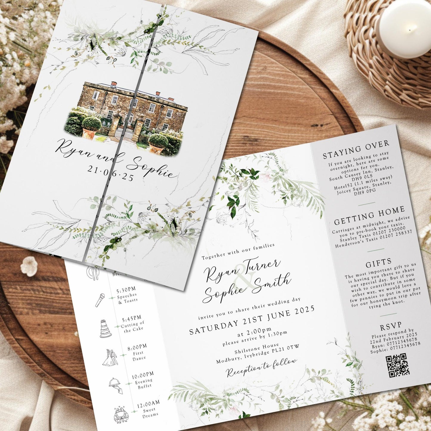 Venue Sketch Wedding Invitations, Gatefold Venue Painting Invites with Foliage