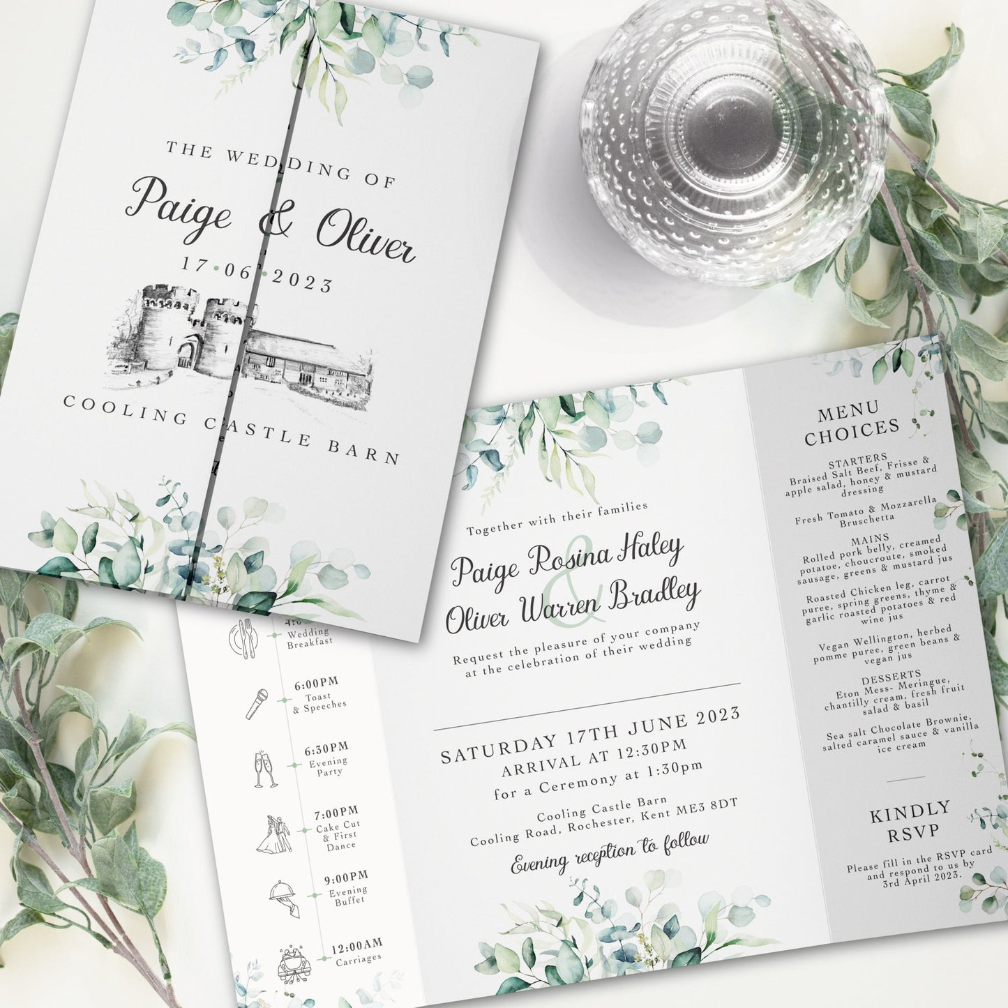 Eucalyptus Wedding Invitations with Venue Sketch
