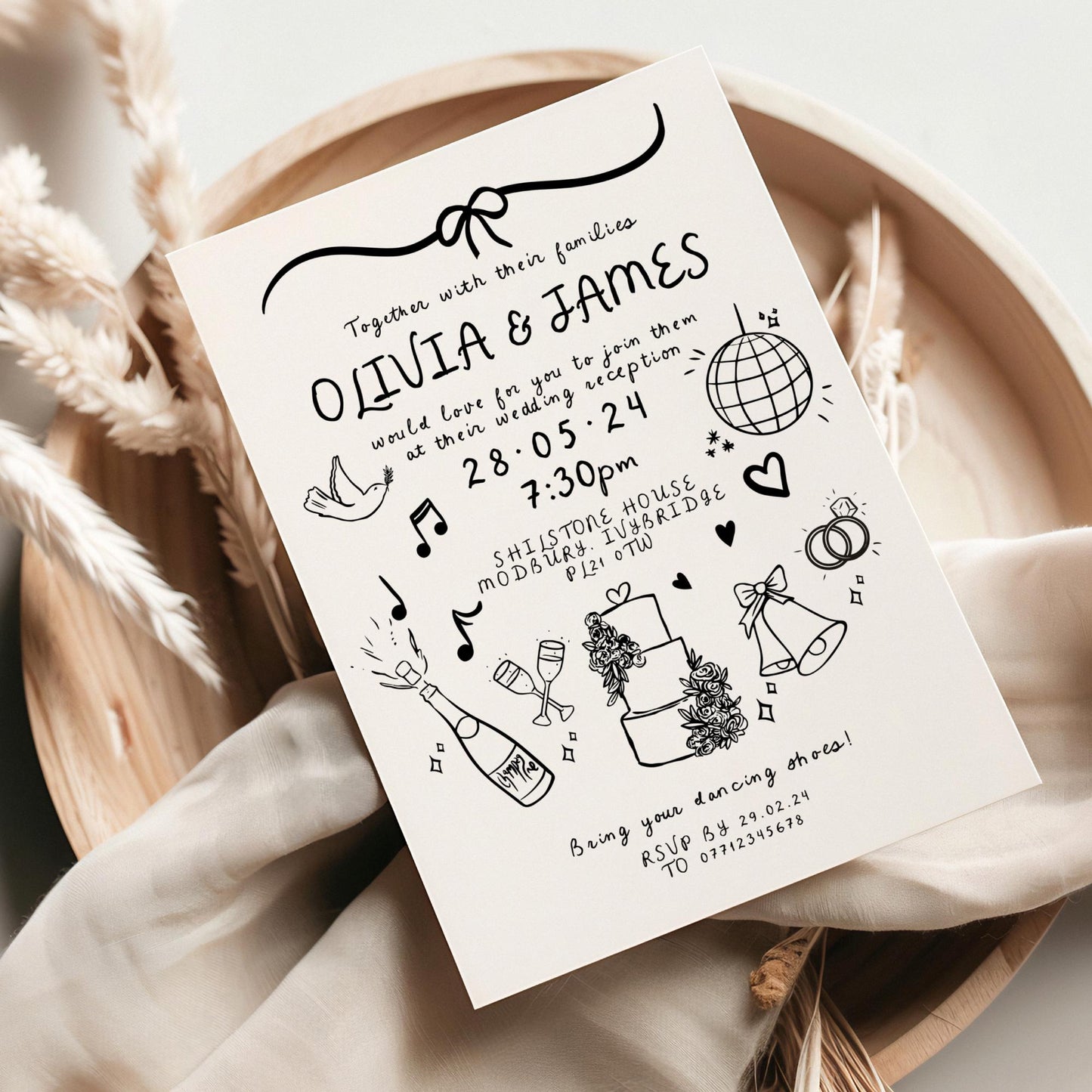 Cute Doodle Evening Wedding Invitation, Scribble Reception Invite, Personalised Hand Drawn Wedding Invitations