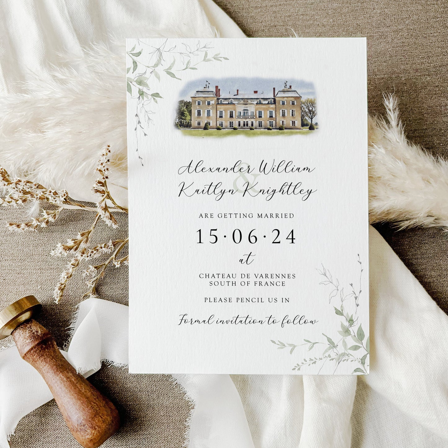 Venue Painting Save The Date with foliage, Wedding Save The Date Venue Sketch