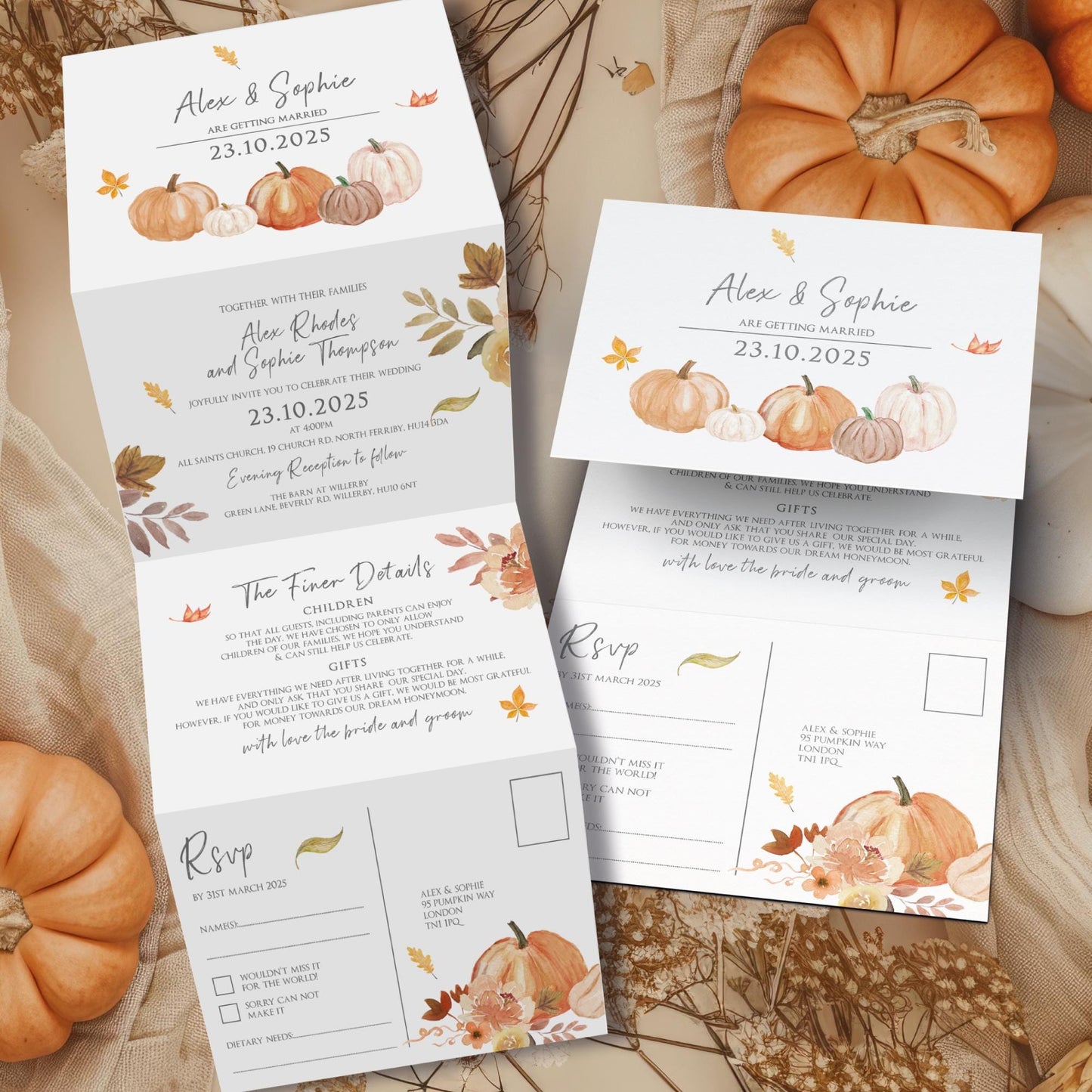 Rustic Fall Wedding Invitation, Wedding Invites with Autumn Pumpkin Leaves
