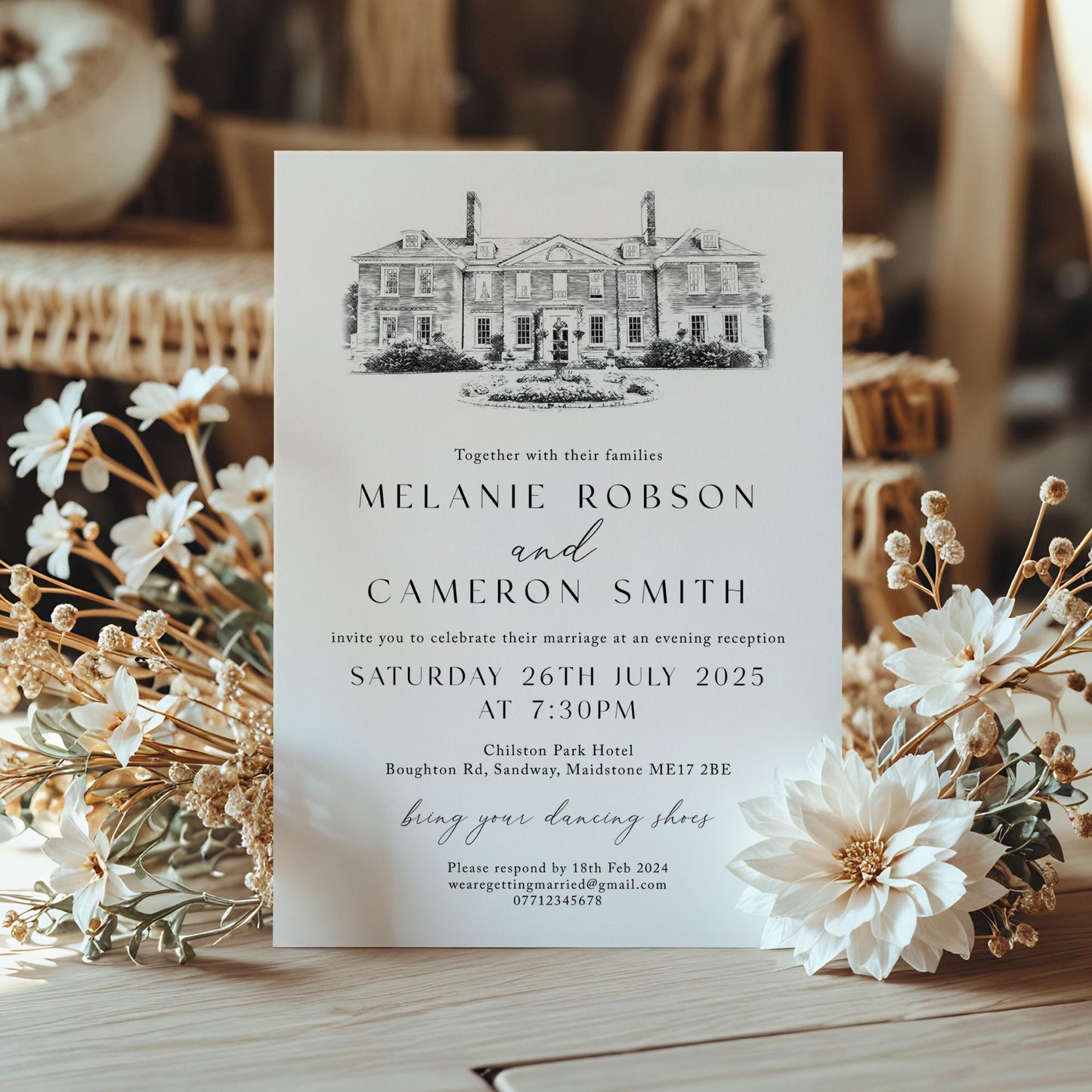 Black & White Minimalist Venue Sketch Wedding Invitations