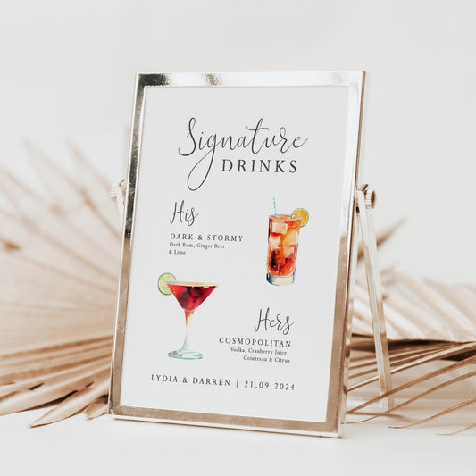 His & Hers Signature Cocktail Wedding Signs – Personalised Bar Menu Decor