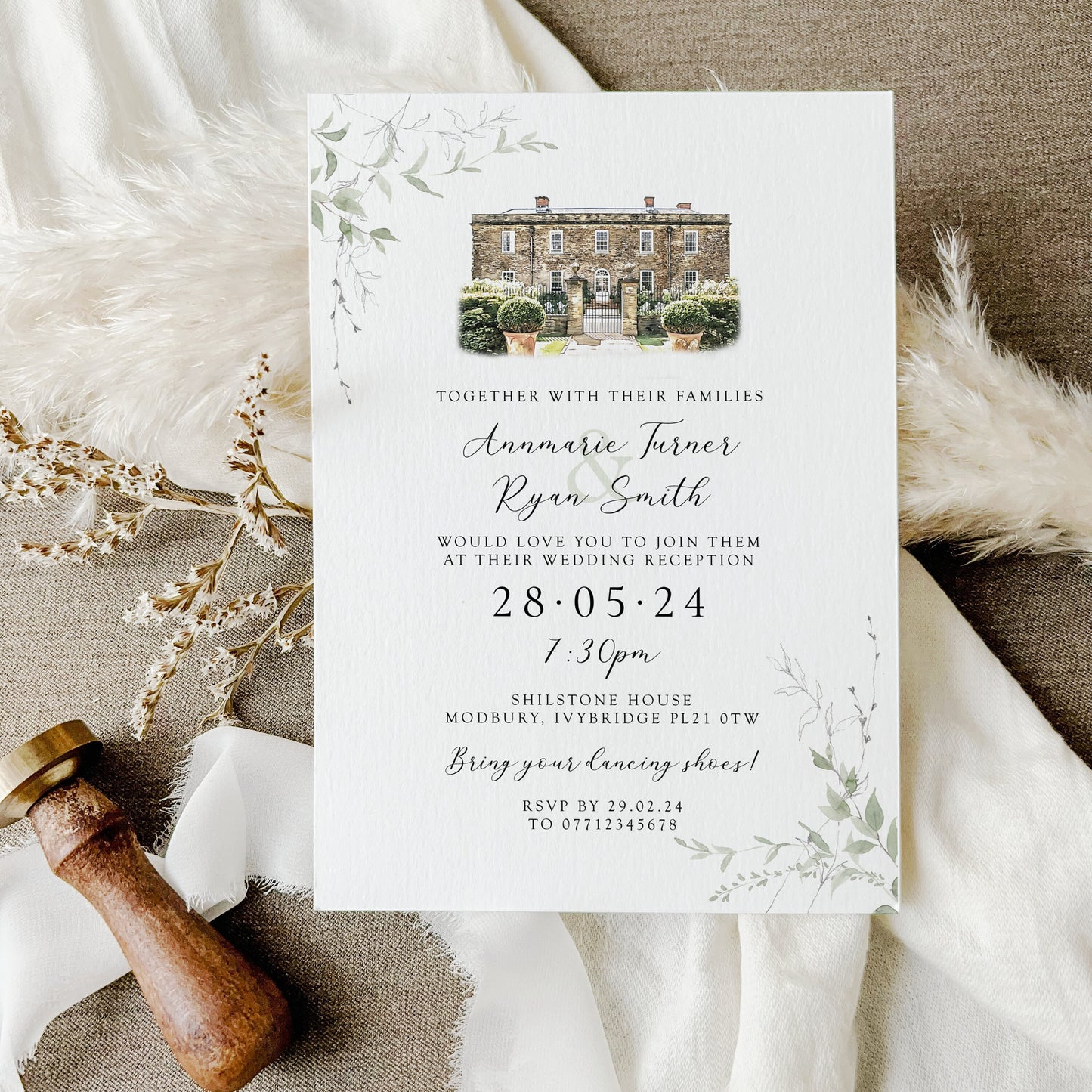 Venue Watercolour Wedding Invitation, Reception Wedding Invitations with Venue Sketch, Evening Venue Invites with Venue Painting
