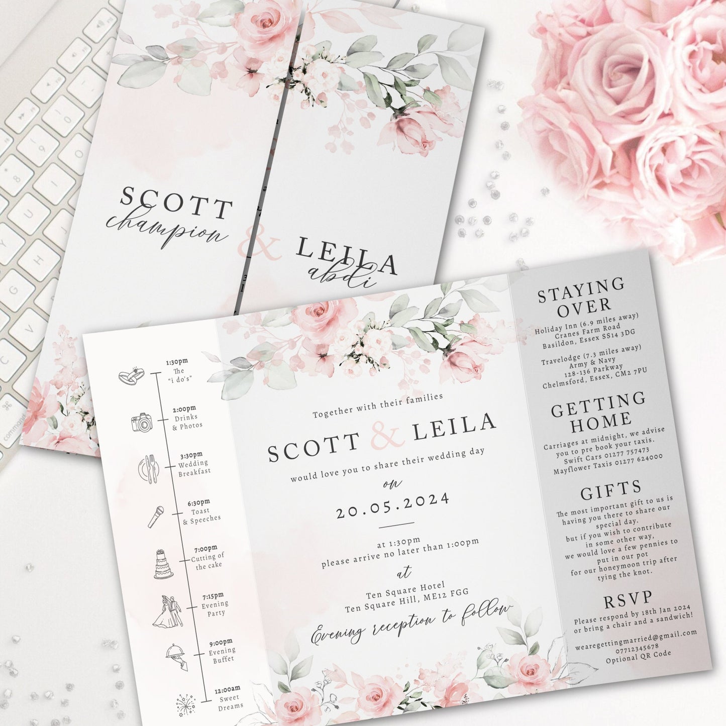 Blush Floral Wedding Invitation, Pink Rose Gatefold Wedding Invitations, Luxury Folded Wedding Invite, With Timeline Wedding Invitation