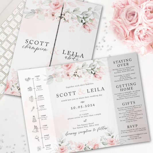 Blush Floral Wedding Invitation, Pink Rose Gatefold Wedding Invitations, Luxury Folded Wedding Invite, With Timeline Wedding Invitation
