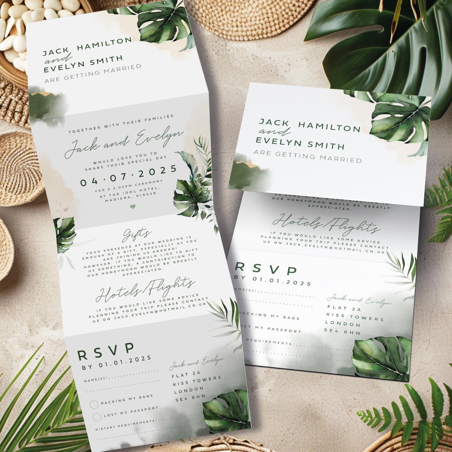 Tropical Destination Wedding Invitations, Palm Leaves Summer Wedding, Elegant Coastal Wedding Stationery Suite