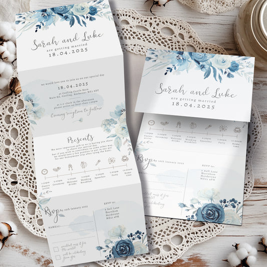 Moonlight Blue All in One Wedding Invitation, Navy Blue Floral Wedding Invitation, Tri Fold Wedding Invite, Wedding Invites Folded with RSVP