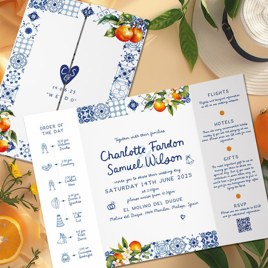 Italian Blue Tile Wedding Invitations, Oranges Or Lemon Wedding Invitation, Spain Wedding Invites, Destination Wedding Gatefold Invite, QR
