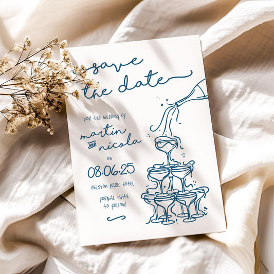 French-Inspired Wedding Save the Dates – Champagne Tower Illustration, Hand-Drawn