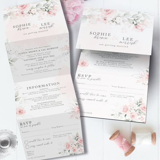 Blush Pink Wedding Invitation, Blush Floral Wedding Invitations, Rose Wedding Invites, Dusty Pink Wedding Invite, With Timeline And RSVP