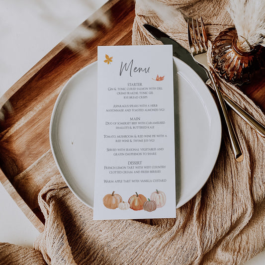 Pumpkin Wedding Menu, Autumnal Wedding Menus, Fall Wedding Breakfast Menu Cards