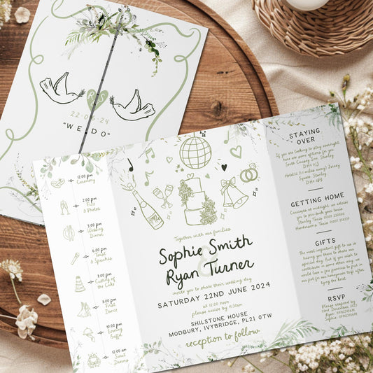 Hand Drawn Sage Wedding Invites with Scribble Design