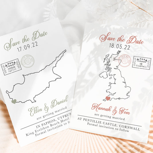 Custom Destination Map Save the Dates – Hand-Drawn Travel Wedding Cards