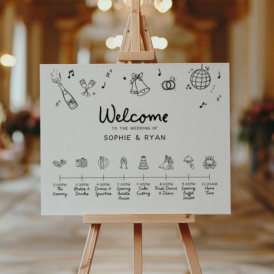 Hand Drawn Wedding Timeline Sign, Scribble Style Wedding Day Schedule, Custom Wedding Itinerary Sign