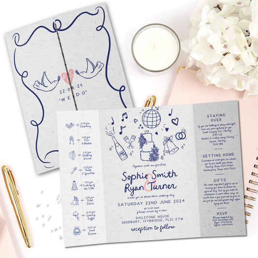 Blue Hand Drawn Wedding Invitations, Fun Doodle Wedding Invitation, Scribble Wedding Invites, Unique and Modern Gatefold