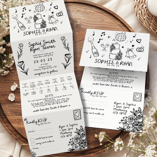 Unique Hand Drawn Wedding Invitations, Doodle Wedding Invites, Scribble Wedding Tri Fold Invitation, With RSVP
