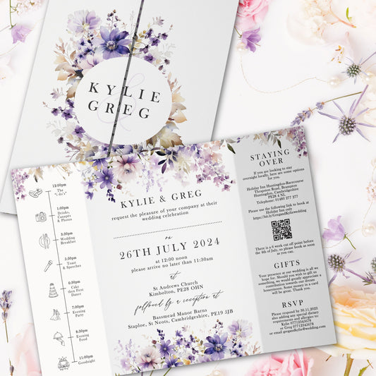 Lilac Floral Wedding Invitation, Elegant Purple Wedding Stationery, Personalised Flower Wedding Invitations, Rustic Boho Wedding Card Design