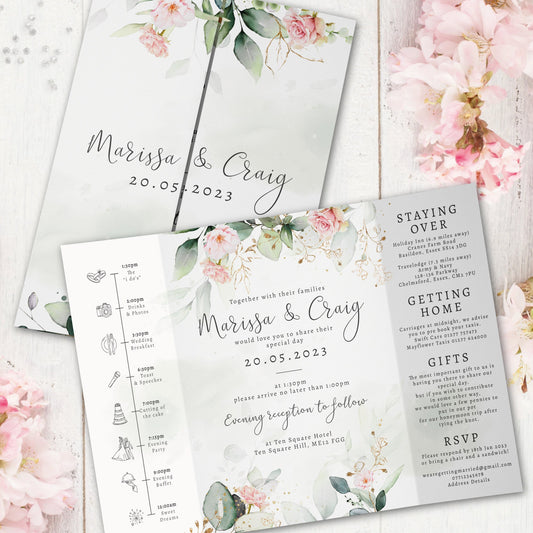 Foliage Blush Floral Wedding Invitations Set, Elegant Greenery Pink Wedding Suite, Rustic Boho Bridal Shower Invite, Custom Printed Invites