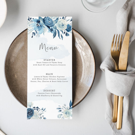 Moonlight Blue Wedding Menu, Navy Floral Wedding Menus