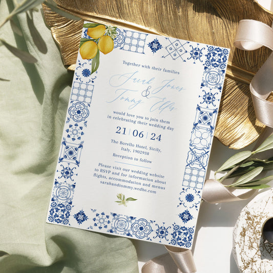 Mediterranean Tile Wedding Invitation, Blue Tile Wedding Invites, Italian Tile Lemon Invite, Blue Tiles, Greek, Tuscan Italian, Santorini