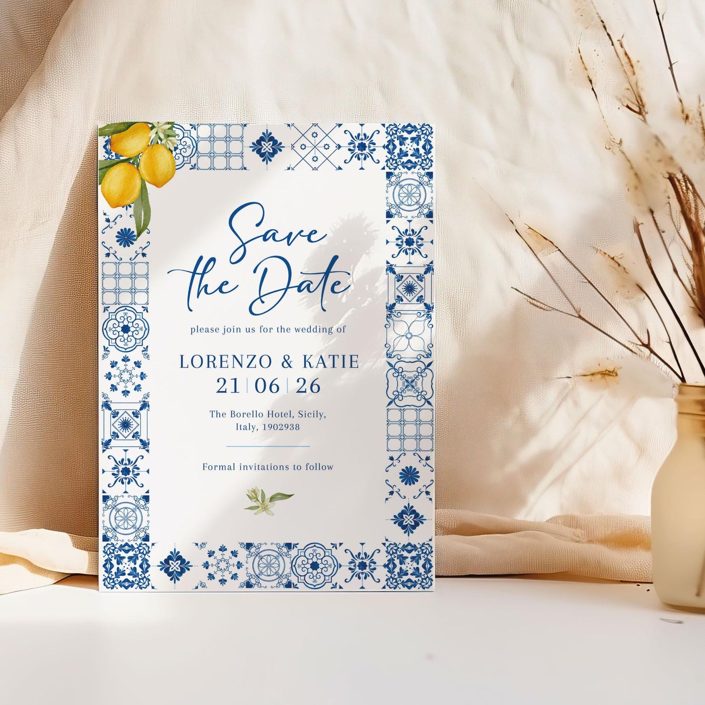 Mediterranean Save the Dates – Italian Blue Tile & Lemon Wedding Invitations - Sorrento & Positano Inspired