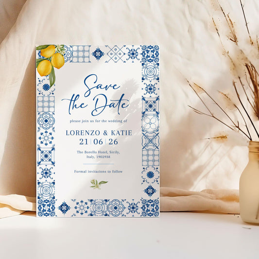Mediterranean Save the Dates – Italian Blue Tile & Lemon Wedding Invitations - Sorrento & Positano Inspired