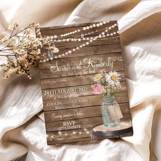 Rustic Barn Wedding Invitation, Evening Reception Wood Effect