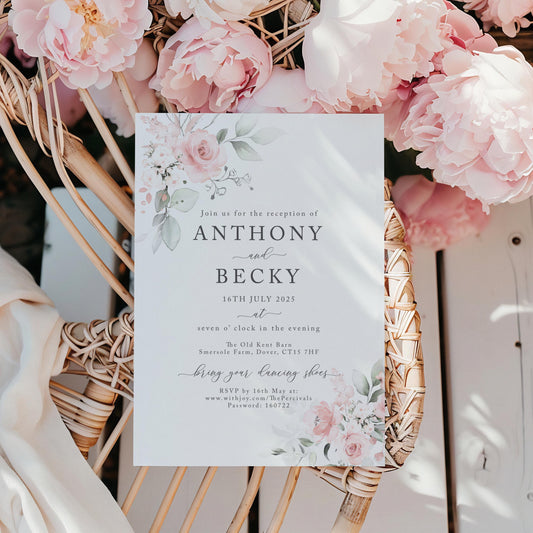 Pale Blush Pink Wedding Invitation, Rose Floral Wedding Reception Invitations