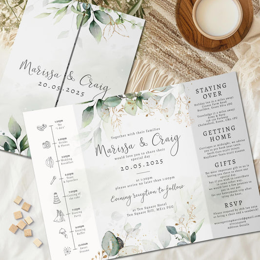 Gold Leaf Wedding Invitation, Eucalyptus Wedding Invitations, Foliage Folded Wedding Invite, Timeline Wedding Invites, Greenery, Watercolor