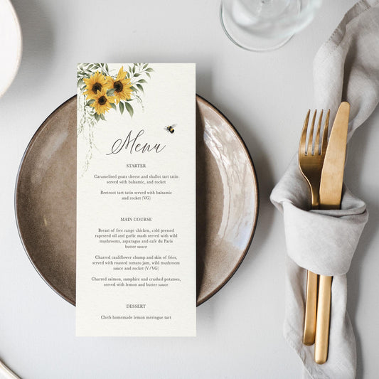 Sunflower Wedding Menu, Yellow Floral Wedding Menus, Bumble Bee Wedding Menus