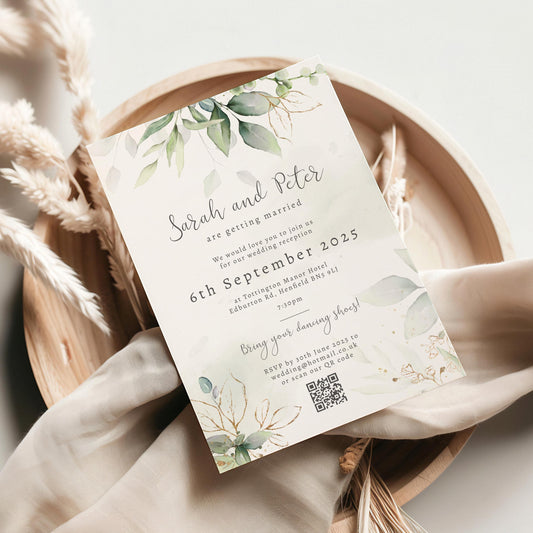 Gold Leaf Wedding Invitation, Evening Reception Invite, Eucalyptus Wedding Invites
