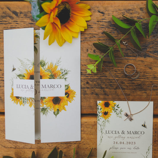Sunflower Wedding Invitations, Rustic Wedding Invitation, Yellow Floral Wedding Invites, Personalised Gatefold Invite