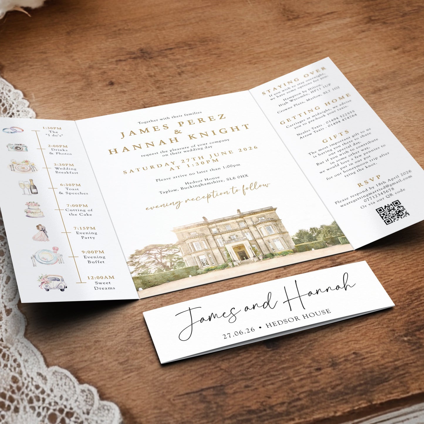 Luxury Gatefold Wedding Invitation with Signature Belly Band & Custom Venue Sketch