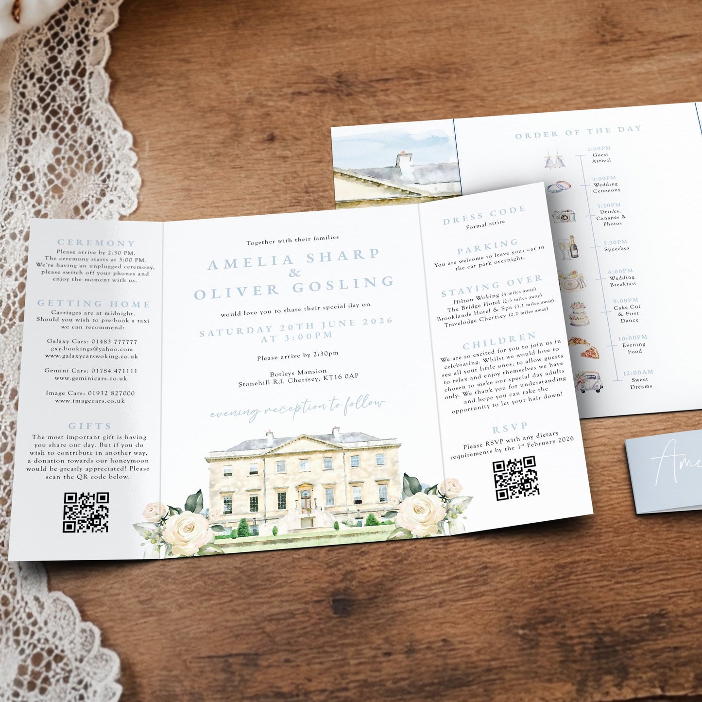 Elegant Dusty Blue Gatefold Wedding Invitations | Belly Band & Custom Venue Illustration