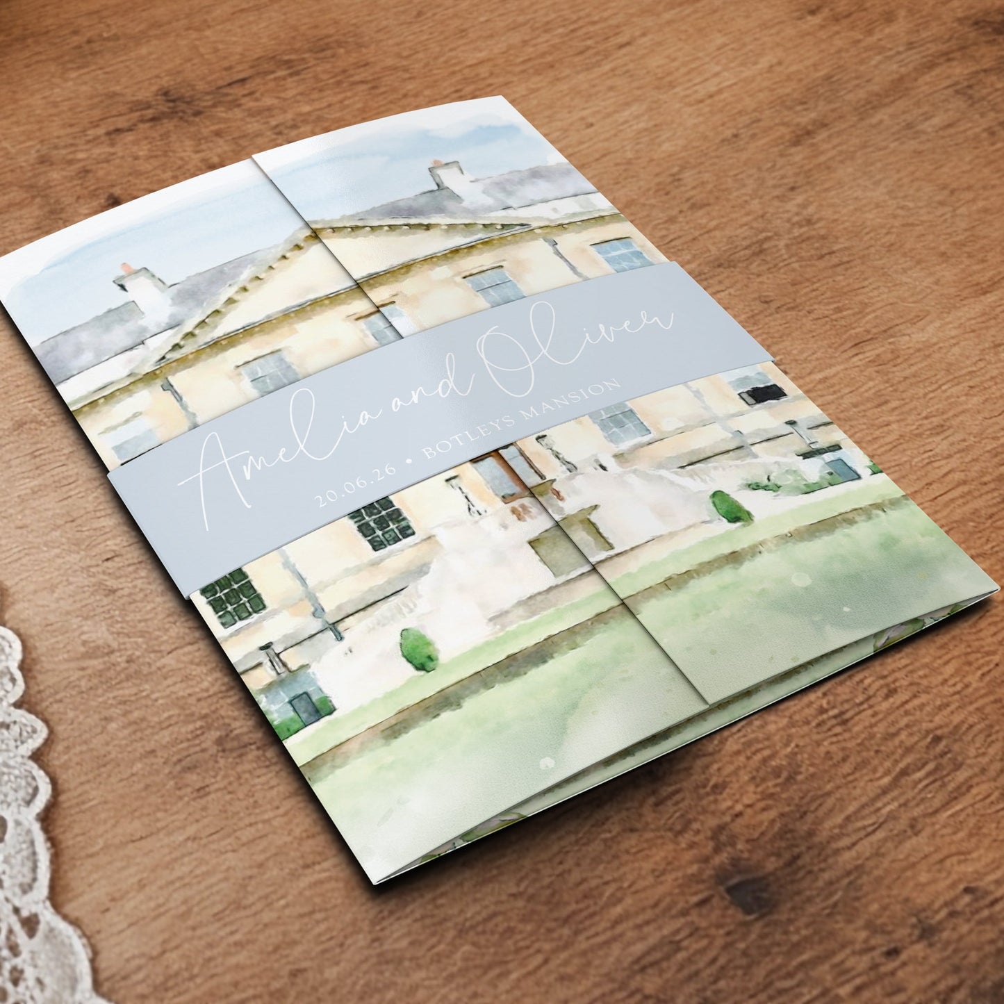 Elegant Dusty Blue Gatefold Wedding Invitations | Belly Band & Custom Venue Illustration