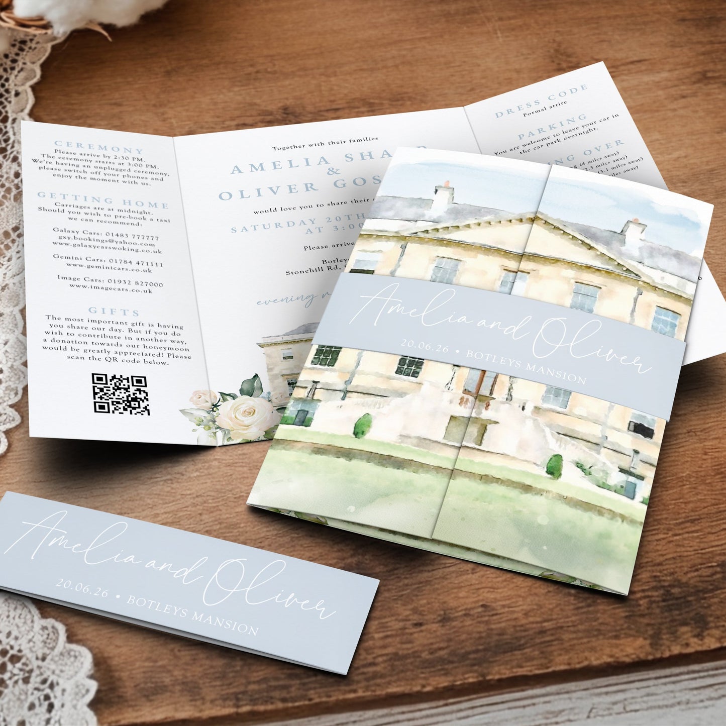 Elegant Dusty Blue Gatefold Wedding Invitations | Belly Band & Custom Venue Illustration