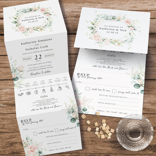 Blush Foliage Concertina Wedding Invites, Rustic Greenery Folded Wedding Invitation with Elegant Florals