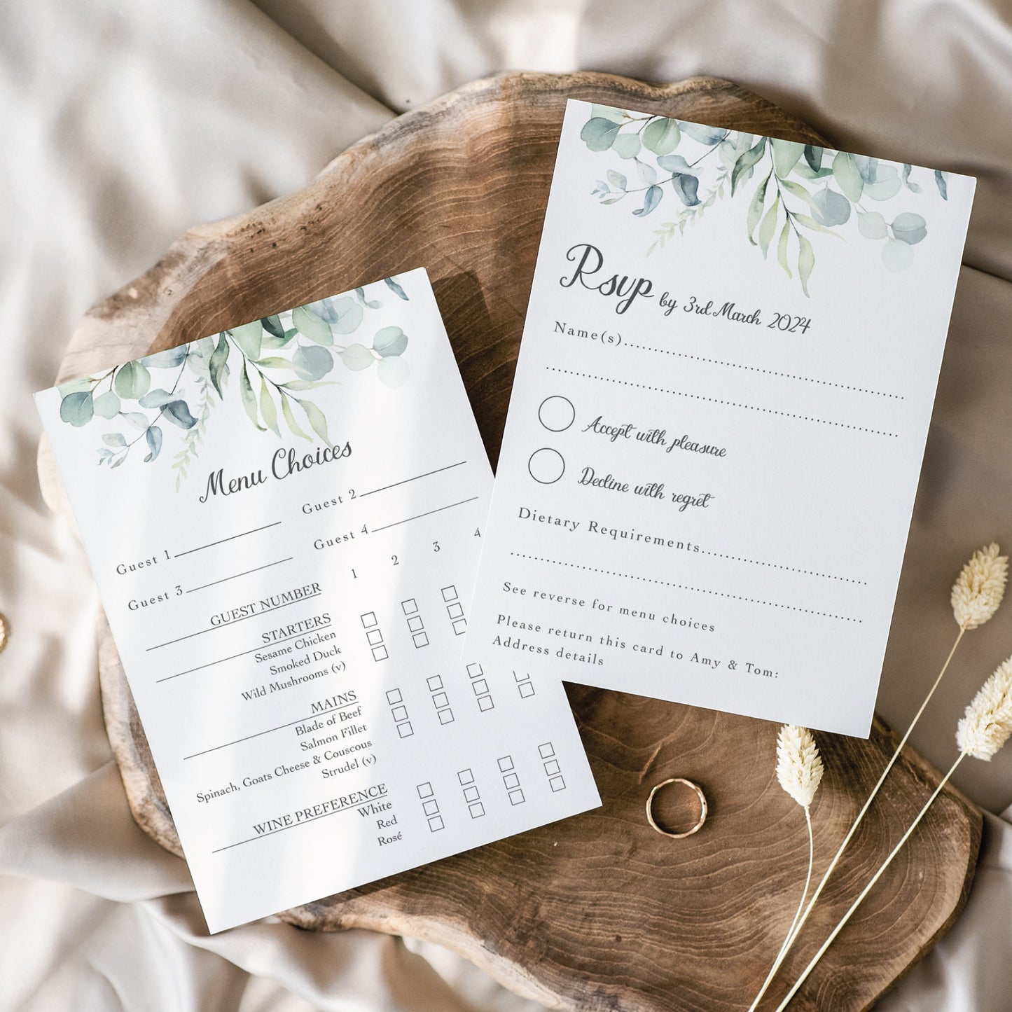 Greenery Wedding RSVP Cards – Eucalyptus Leaf Design
