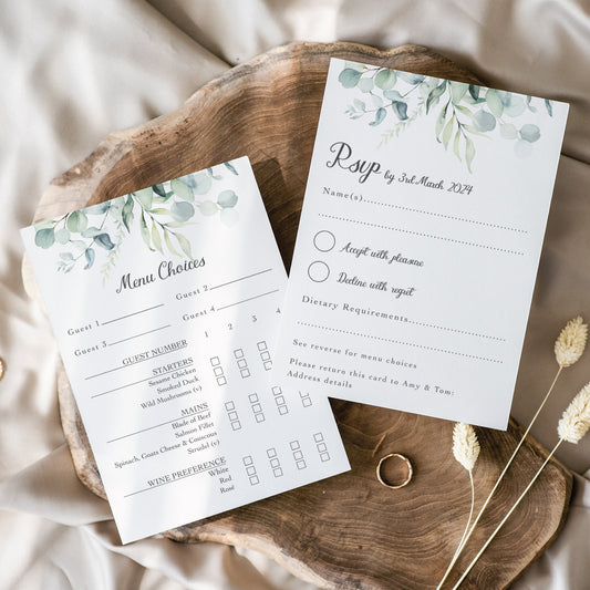 Greenery Wedding RSVP Cards – Eucalyptus Leaf Design