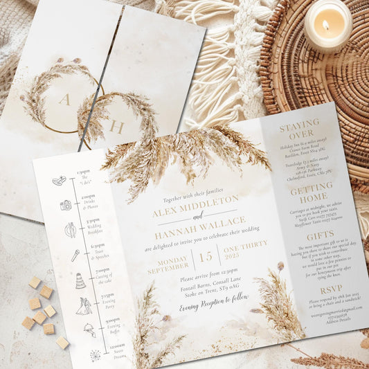 Rustic Pampas Wedding Invitation, Boho Wedding Invite, Folded Wedding Invite, Timeline Wedding Invitation, Invitations Wedding, Pampas Grass