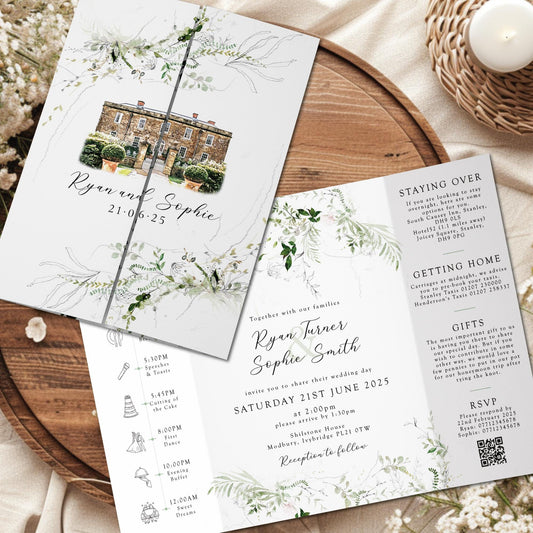 Venue Sketch Wedding Invitations, Gatefold Venue Painting Invites with Foliage